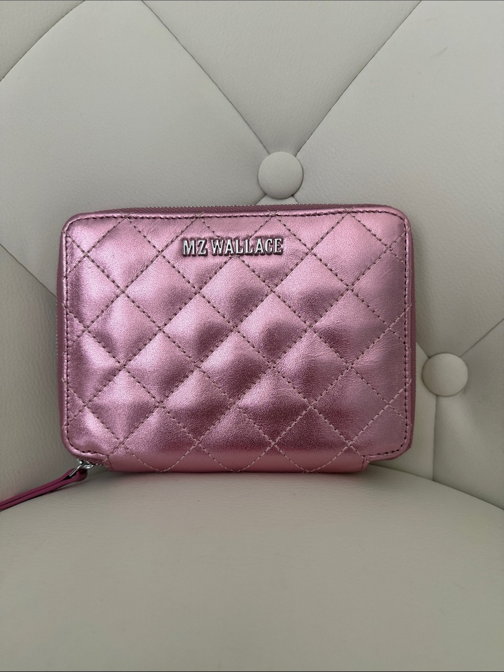 MZ Wallace Passport Wallet Organizer Metallic Rose Quilted Zip Italian Leather